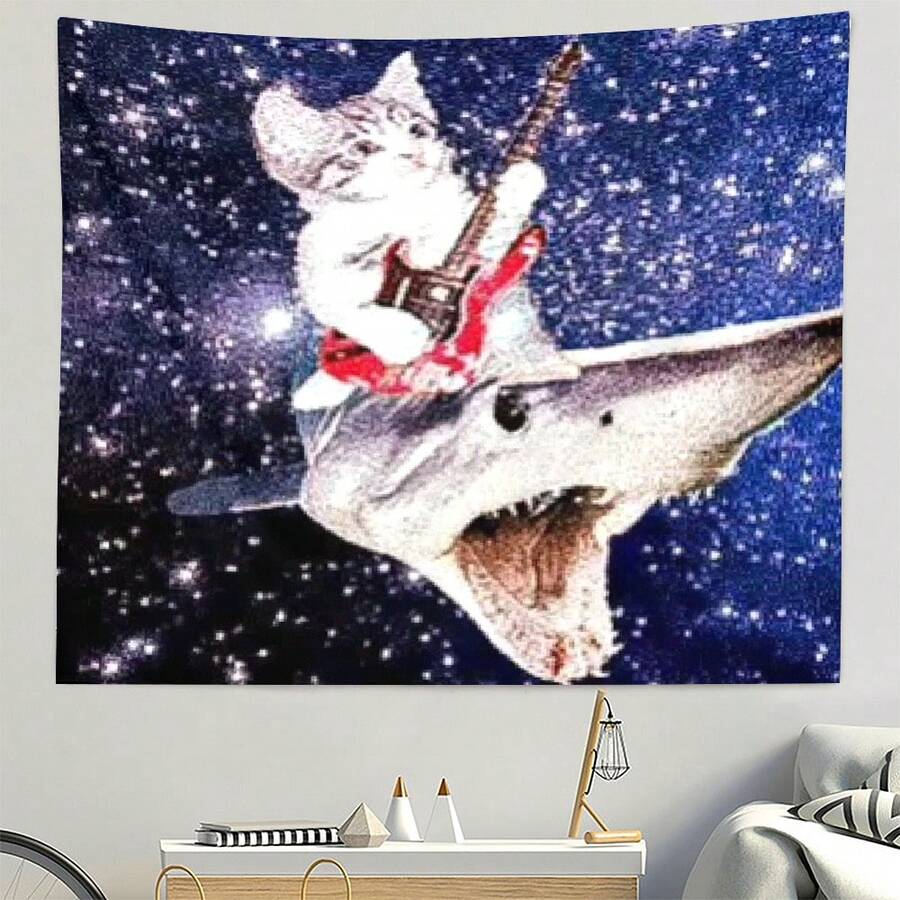 Funny Space Cat Shark Tapestry, Polyester Wall Hanging, Cute Cat Riding Giant Shark Playing Red Electric Guitar, Deep Blue Starry Galaxy Outer Space Background, Single-Sided Printed Wall Decor For Bedroom Dorm Living Room, Novelty Humorous Home Decor Gift For Teens - Multicolor - View 1