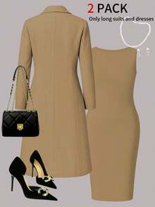 Plus Size Women's Elegant 2-Piece Set, Solid Color Minimalist Versatile Long Cardigan Jacket + Bodycon Mid-Length Dress, Suitable For Daily Commute, Spring/Autumn/Winter - Apricot 34 - View 4