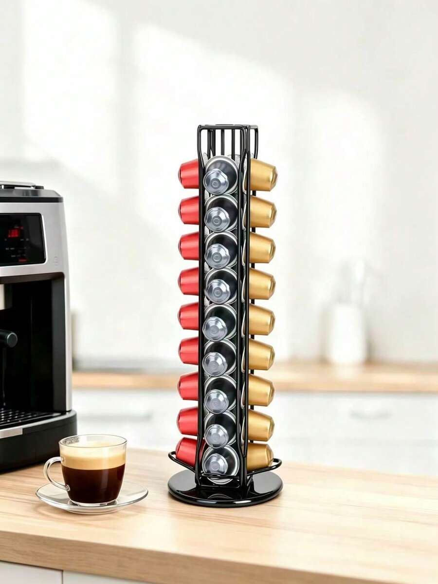 360° Rotating Coffee Pod Holder Stand – Elegant Spinning Capsule Carousel Organizer For Home & Luxury Kitchen, Professional Barista Station Countertop Rack, Space-Saving Espresso Pod Storage Display For Standard Coffee Capsules (Black, Silver)