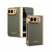VIETAO 電鍍材質人造皮革全包覆保護手機殼，適用於 Galaxy Z Fold 7 6 5 4 8 Ultra Fold7 Fold6 Fold5 Fold4，附鋼化玻璃螢幕保護貼，手機保護殼，兼容 Duo - 棕灰色 - 查看 18