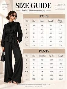 2pcs Solid Color Elegant Party Ruched Bust Tie Long Sleeve Top & Wide Leg Pants Set For Women, Beach, Evening, Date, Vacation, Early Autumn Black - Black - View 7