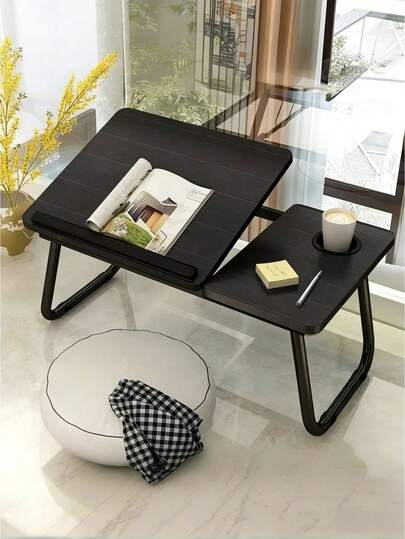 1pc Foldable Laptop Bed Desk, Adjustable Tilting Tabletop, With Cup Holder And Side Tray, Sturdy Metal Legs, Space Saving, Portable Lap Table, Suitable For Working, Studying, Reading And Eating On Bed And Sofa.