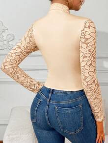 Sexy Long Sleeve Lace Patchwork Fitted Cropped Top - Champagne - View 6