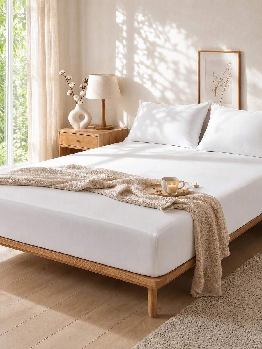 Haus Hana 1pc Pure White Fitted Sheet, Mattress Protector, Soft And Breathable, Single, Double, King, Queen Size. Fitted Sheet Depth Up To 11.8 Inches, Breathable And Wrinkle-Resistant, Machine Washable. Dorm Bedding Back To School - White - View 1