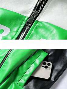 Men's Colorblock Racing Leather Jacket With Stand Collar, Zipper, Letter Print, Hip-Hop Street Style Motorcycle Riding Jacket, Suitable For Spring And Autumn - Army Green - View 6