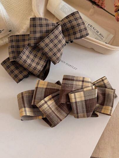 2/1pc Elegant Coffee Brown Plaid Pattern Multi-Layer Hair Clip For Women, Twisted Banana Clip For Back Of Head, Vintage Hair Accessory, Mini List, Daily, Casual, Party, Work, Vacation, Face Washing, Makeup, Best Matching