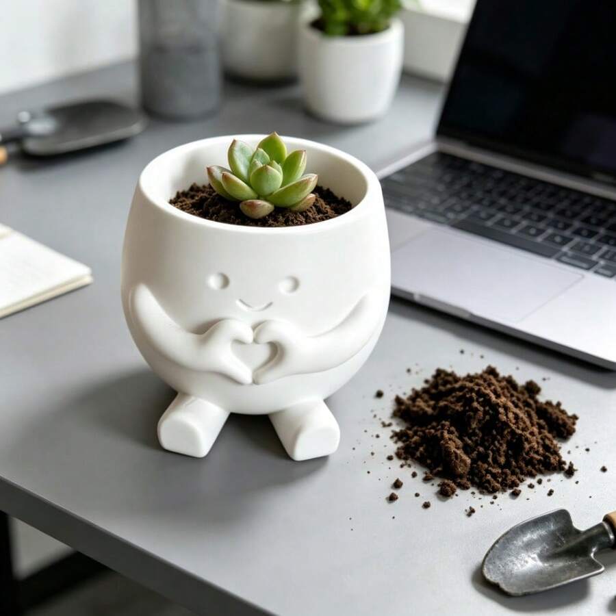 Heart Smile Mini Flower Pot, Cute Healing Style, White Ceramic, Succulent Plant Pot, Desktop Small Ornament Home Decor - A - View 1