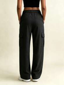 AHTELB Women's Spring/Autumn Cargo Wide Leg Pants, Elastic Waist Design For Comfortable Fit Without Tightness, Sleek Wide Leg Cut To Flatter Leg Lines, Multi-Pocket Design For Style And Practicality, Convenient Storage For Small Items, Effortlessly Create Outfits, Suitable For City Walks, Daily Wear, Short Trips And More. For Friends, Wives, And Girlfriends. - Black - View 2