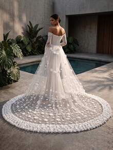 1pc Detachable Long Bridal Train, 3D Floral Pearl Tulle Long Wedding Dress Train, Wedding Photography Dress Accessory - White - View 2