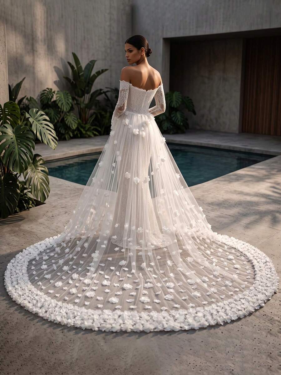 1pc Detachable Long Bridal Train, 3D Floral Pearl Tulle Long Wedding Dress Train, Wedding Photography Dress Accessory