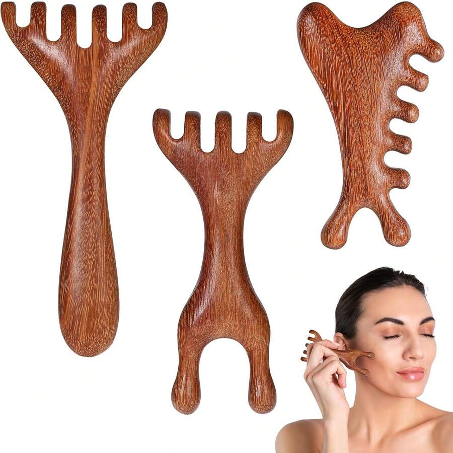 3 Packs Wooden Massager Comb Gua Sha Scraping Massages Double Head Massage Rake Foot Massagers Tools With Long Handle For Head Neck Back Legs Feet - Brown - View 1