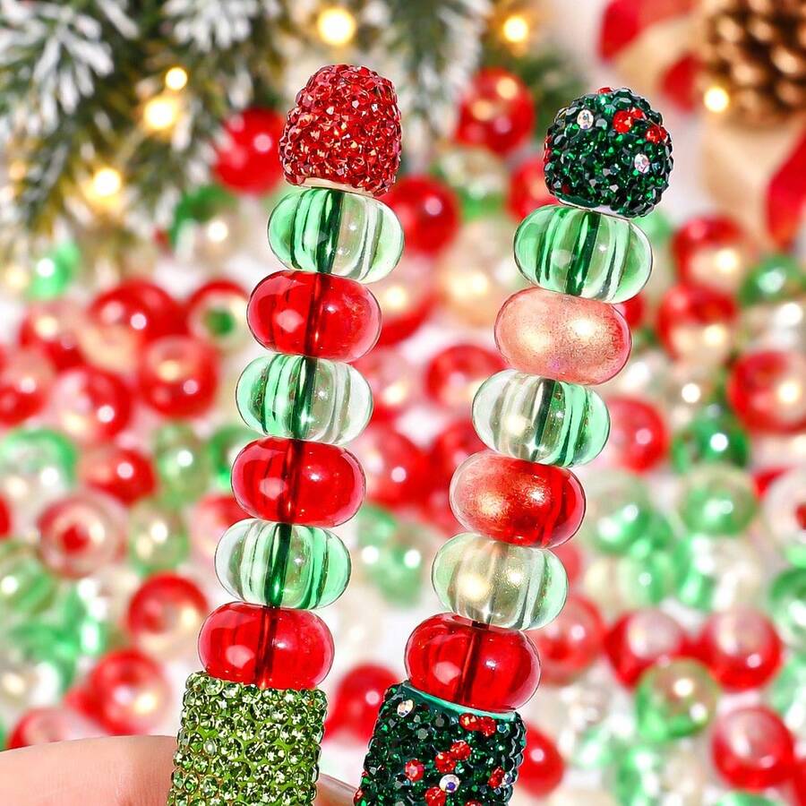 10/20/50PCS Christmas Acrylic Rondelle Beads 9*14mm Large Hole Wheel Spacer Beads With Inner Glitter For Jewelry Phone Chain Necklace Making Gift - Multicolor - View 1