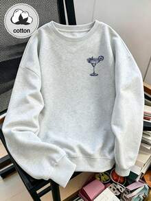 Women's Casual Minimalist Print Crew Neck Long Sleeve Loose Sweatshirt - Light Grey - View 9