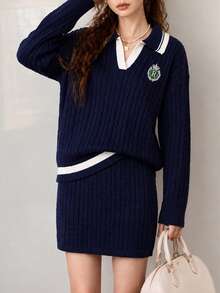 Setelan 2 Potong Wanita Musim Gugur/Dingin Minimalis Gaya Preppy: Pullover dan Rok - Navy Blue - View 4