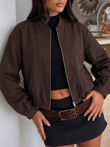 Jaket Aviator Wanita Warna Cokelat Tua Pendek dengan Resleting, Lengan Panjang, Kerah Baseball, Tahan Angin, Cocok untuk Dipakai di Musim Gugur - Coffee Brown - View 5
