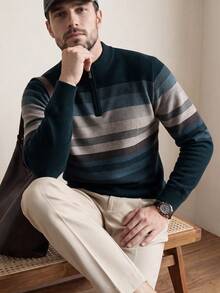 Men's Autumn/Winter Half-Zip Collar Striped Casual Pullover Sweater, Business Commute Simple Style, Long Sleeve Top - Navy Blue - View 3
