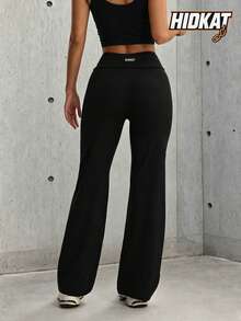 Hidkat Women's Fashion Solid Color High Waist Elastic Yoga Casual Sports Knit Long Pants - Black - View 2