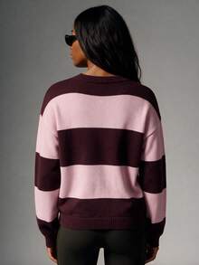 Colorblock Button Half-Placket Long Sleeve Drop Shoulder Pullover Sweater - Pink - View 7