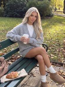 Women's Grey Fuzzy Knit Cardigan, Button Design, Autumn/Winter Collegiate Style Back To School Holiday Outfit Sweater - Grey - View 4