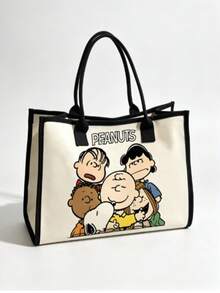 1pc Snoopy Peanuts Cartoon Character Pattern Canvas Tote Bag, Black Trim Large Handle Shoulder Bag, Casual Daily Shopping Handbag, Suitable As Christmas Gift Bag - Multicolor - View 4
