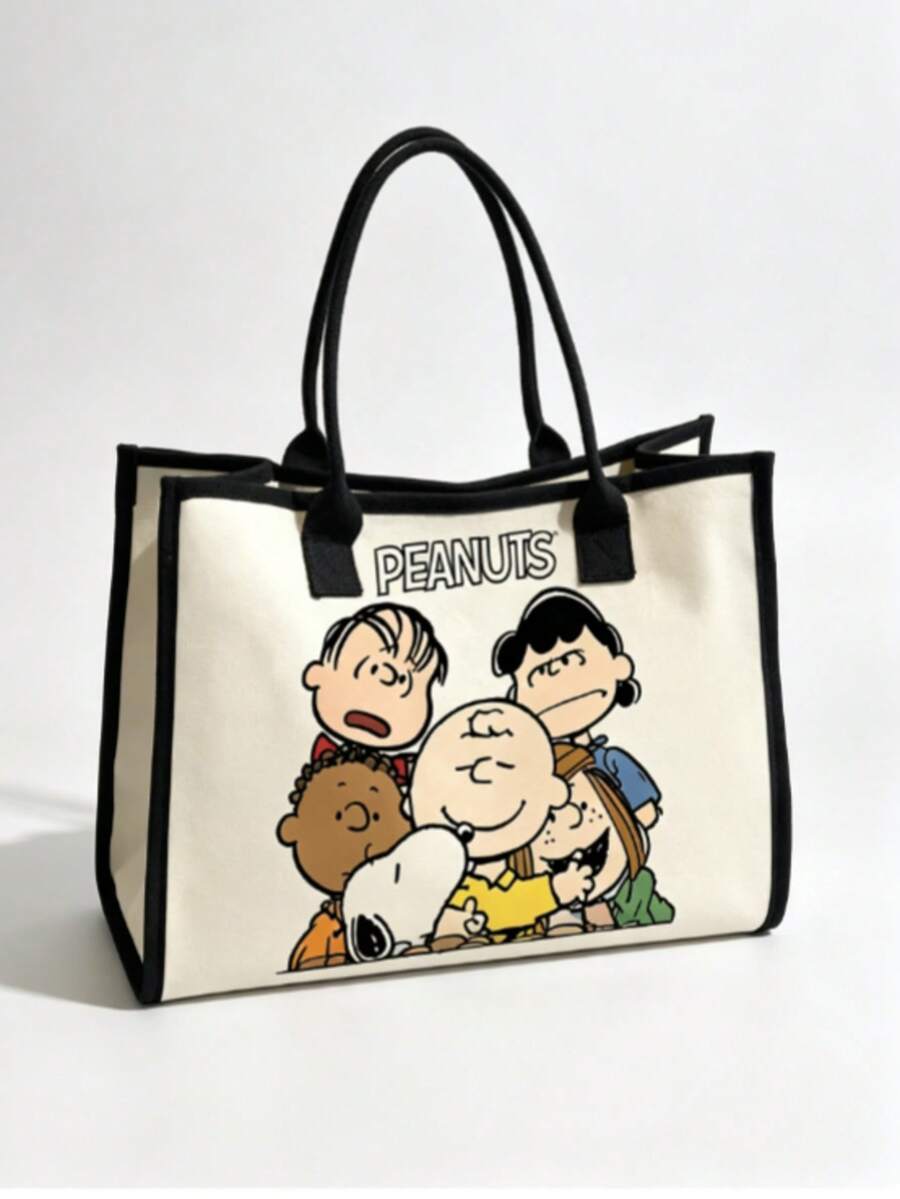 1件 Snoopy Peanuts 卡通角色圖案帆布托特包,黑色滾邊大提手單肩包,休閒日常購物手提包,適合作為聖誕禮物袋 - 彩色 - 查看 1