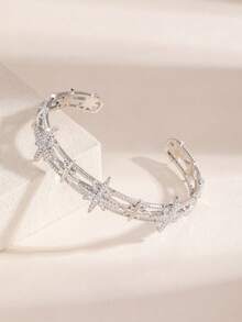 1pc Fashionable Exquisite European & American Vintage Style Multi-Star Sparkling Cubic Zirconia Open Bangle Hollow Design Versatile For Party Wear - Fashion Bracelets - View 7