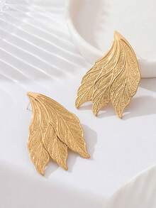 1 Pair Vintage Golden Wing Leaf Layered Earrings,Elegant Exquisite Embossed Swirl Pattern Big Statement Jewelry For Women Wedding Party Gift - Yellow Gold - View 3