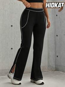 Hidkat Women's Fashion Solid Color High Waist Casual Yoga Sports Knit Flare Pants - Black - View 1