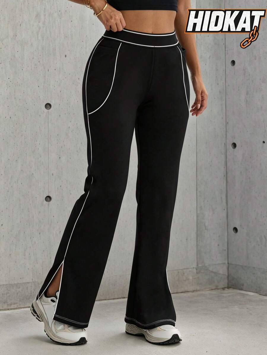 Hidkat Women's Fashion Solid Color High Waist Casual Yoga Sports Knit Flare Pants - Black - View 1
