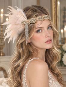 Women's 1920s Style Feather Headband, Beaded Rhinestone Hair Accessory, Chain Tassel Vintage Hair Hoop, Suitable For Wedding Party, Halloween Costume, Prom - Multicolor - View 10