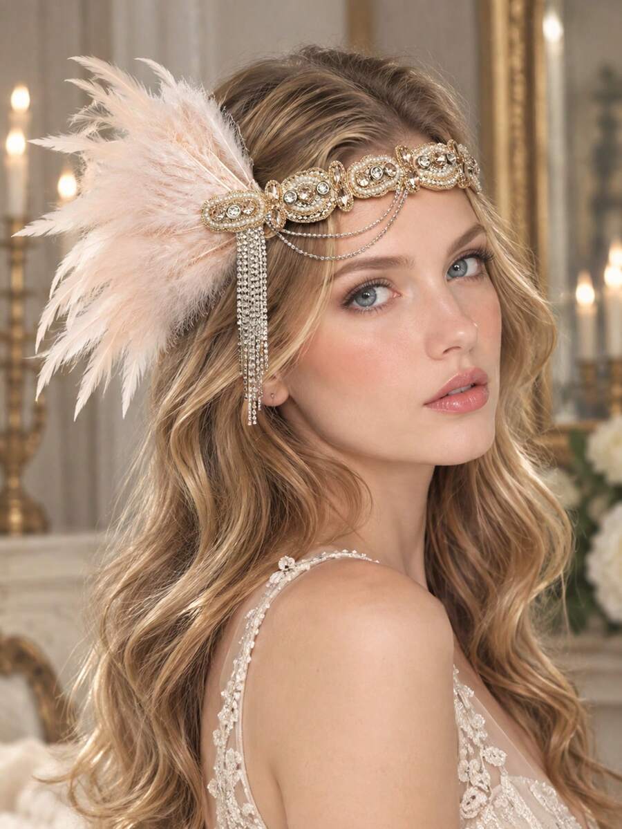 Women's 1920s Style Feather Headband, Beaded Rhinestone Hair Accessory, Chain Tassel Vintage Hair Hoop, Suitable For Wedding Party, Halloween Costume, Prom - Multicolor - View 1