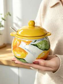 1pc Round Underglaze Pastoral Style Ceramic Storage Jar, Home Kitchen Ceramic Salt Jar, Seasoning Jar, With Lid And Spoon, Chili Oil Jar, Can Be Used As Lard Jar, Multiple Colors Available, Holiday Gift - Multicolor - View 13