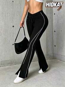 Hidkat Women's Fashion Solid Color High Waist Drawstring Tie-Up Fitted Sports Knit Flare Pants - Black - View 1