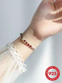 S925 Sterling Silver Exquisite Red Garnet Gemstone With Sparkling Sand Beads, Lucky Silver Beads, Fashionable Versatile Elegant Bracelet, Perfect Gift For Family, Friends And Couples, High Quality (Suitable For Daily Wear) - Silver - View 8