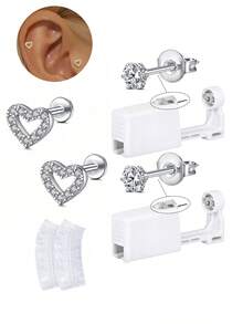2/4/6/8pcs Hypoallergenic Self-Piercing Nose Stud Set, Disposable Nose Piercing Gun With Piercing Tool, Suitable For Cartilage, Tragus, Helix Piercing, Piercing Gun With Piercing Jewelry (Silver With 4mm CZ Diamond) - Multicolor - View 16