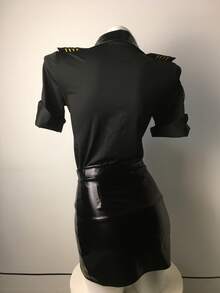 Cool All-Black Police Uniform Style Women's Set, Workwear Shirt With Patch Pocket On Chest, Leather Texture Slit Skirt, Y2K Uniform Style Nightclub Outfit - Black - View 3