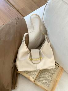 Fashionable Elegant Metal Buckle Decor Women's Shoulder Bag, High-End Minimalist Adjustable Strap Crossbody Bag, Gold Hardware, Sophisticated - White - View 8