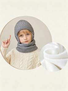 2pcs/Set 3-10 Years Old Kids Snowflake Earflap Hat & Scarf Set, 2pcs/Set, Winter Outdoor Knitted Hat With Fleece Lining, Thickened Style, Suitable For Winter Cycling - Grey - View 9