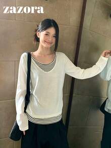 Striped 2 In 1 Long Sleeve T-Shirt, Korean Style Lazy Loose Casual Top, Autumn Clothing - White - View 6