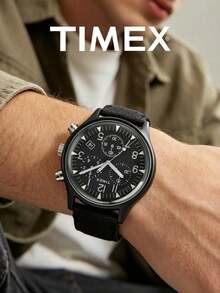 Timex Men's Military Field Chronograph Watch Black Dial Luminous Triangle Markers Dual Sub-Dials Date Fishbone Nylon Strap Tactical Outdoor Dad Friend Gift - Black - View 2