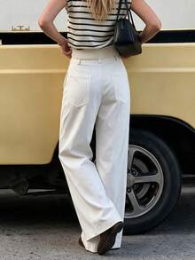 Women's White High-Waisted Wide Leg Pants, Multi-Button Waist Front Pleated Pockets Long Pants, Suitable For Office Casual Daily Wear - White - View 2