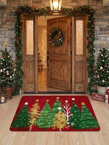 1pc 2D Flat Cute Christmas Tree Pattern Door Mat, Velvet Material, Machine Washable Comfortable Carpet, Suitable For Bathroom Decor, Bedroom Decor, Living Room Decor, Laundry Room And Other Areas, Thanksgiving/Christmas Gift - A - View 4