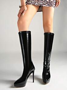 Women's Tall Boots, European And American Style New Leather Pointed Toe High Heel Long Boots, Stiletto Heel Riding Boots, Winter - Black - View 6