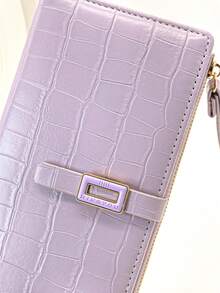 Fashionable Crocodile Embossed Long Wallet PU Mini Wrist Bag With Exquisite Clasp, Folded Wallet Card Holder Coin Purse With Zipper - Mauve Purple - View 3