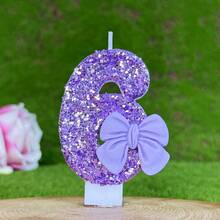 1pc Sparkling Purple Glitter Candle With Luxury Bow Decor, Birthday Party Wedding Decoration - Light Purple Bow Tie - View 9