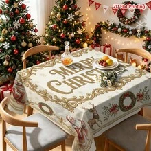 1pc Vintage Christmas Themed Tablecloth, Featuring Santa Claus, Reindeer, Wreath, Red Ribbon, Snowflake And Gold Scrollwork Border, With "Merry Christmas" Text In The Center, Suitable For Dining Table Decor, Kitchen Countertop Decoration, Picnic Camping Mat, Party Scene Creation, Farmhouse Style Accent And Holiday Tabletop Beautification. - Multicolor - View 9