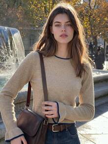 Women's Ribbed Knit Long Sleeve Crew Neck Top, Regular Fit Contrast Trim Knit Sweater, Suitable For Autumn/Winter/Spring Daily Wear - Multicolor - View 6