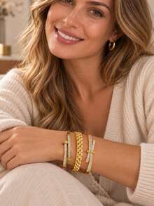 1pc/3pcs Stainless Steel Gold Bracelet Set, 6cm Diameter Small Size Vacuum Plated Zirconia Bracelet Stacking Set, Fade-Resistant, Suitable For Women's Daily Wear - Multicolor - View 4