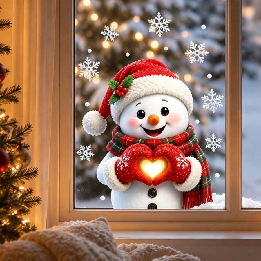 1 Buah Stiker Jendela Manusia Salju Berbentuk Hati untuk Natal, Stiker Kaca Liburan Musim Dingin yang Hangat, Cocok untuk Pintu dan Jendela Kaca Ruang Tamu dan Kamar Tidur, Perekat Statis Tanpa Lem, Dapat Digunakan Kembali - A - View 1
