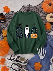 Plus Size Women's Ghost Reading Bookshelf Graphic Casual Pullover Sweater - Dark Forest Green - View 7